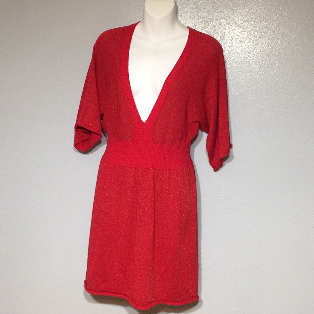 Sexy Red knitted dress with plunging neckline